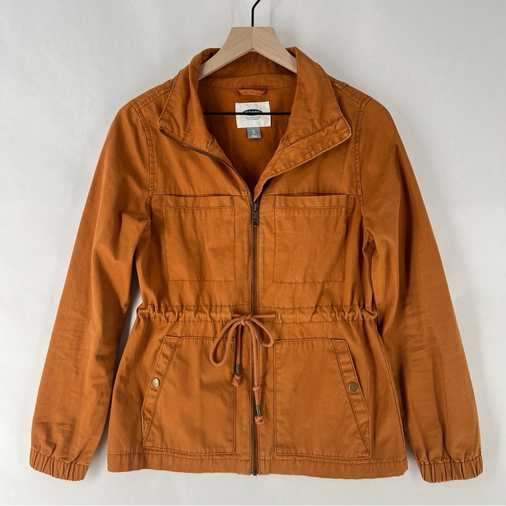 Old Navy Cotton Orange Rust Anorak Utility Jacket Drawcord Waist Zip Front XS